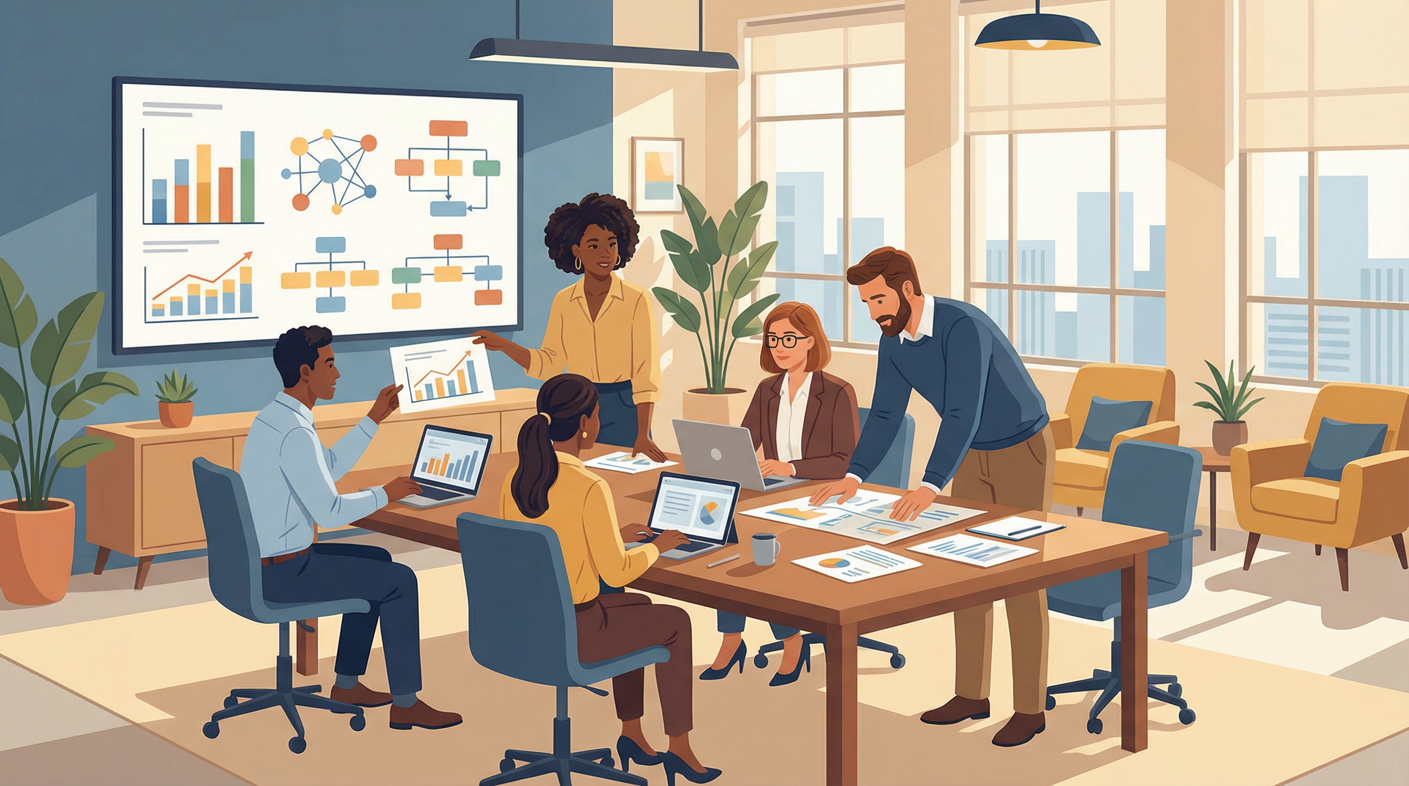 Team collaborating on automation strategy around a shared workspace
